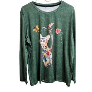 NEW Bohemian Cat Kitten Graphic Long Sleeved Green Tee Shirt Size XXL